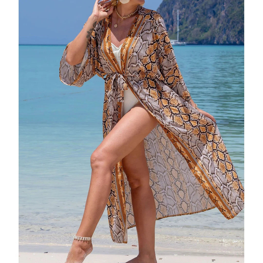 Quimono Boho Longo de Praia — Estampado, Feminino e Perfeito para o Verão