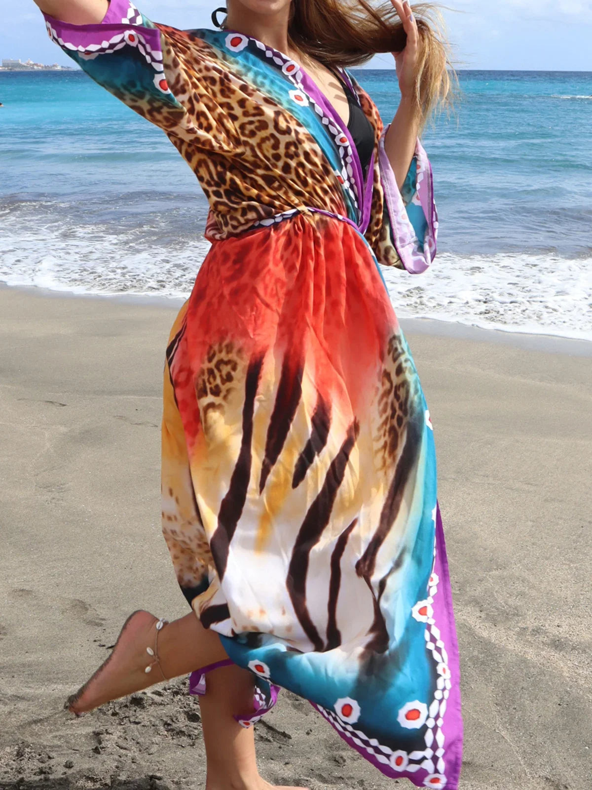 Quimono Boho Longo de Praia — Estampado, Feminino e Perfeito para o Verão