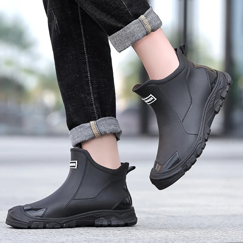 Botas de chuva masculinas botas impermeáveis ao ar livre antiderrapante casual tornozelo botas caminhadas pesca sapatos de água trabalho bota de borracha leve