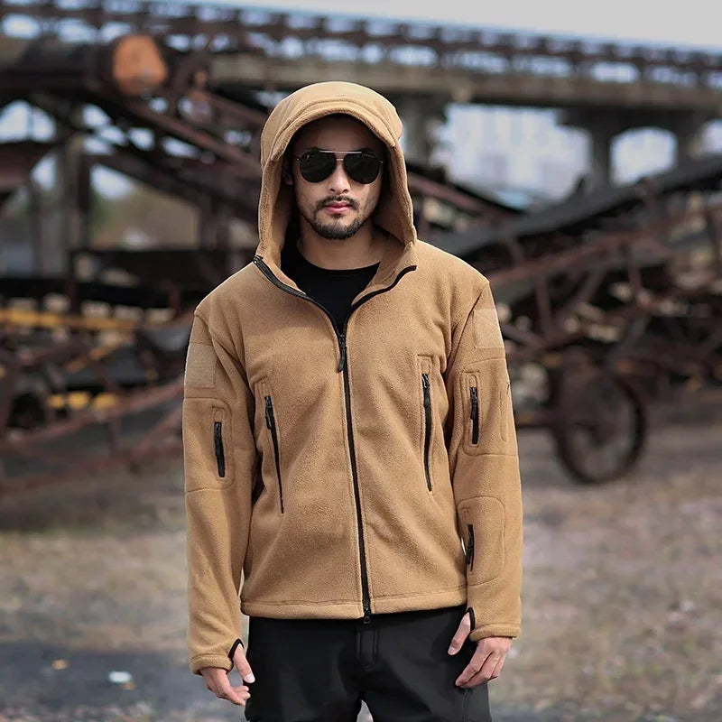Jaqueta Tática Polar Masculina Robusta — Lã Quente com Capuz para Inverno, Trilha e Uso Casual