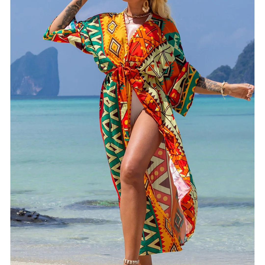 Quimono Boho Longo de Praia — Estampado, Feminino e Perfeito para o Verão