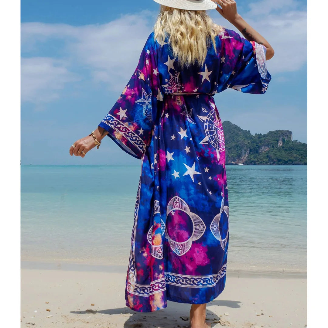 Quimono Boho Longo de Praia — Estampado, Feminino e Perfeito para o Verão