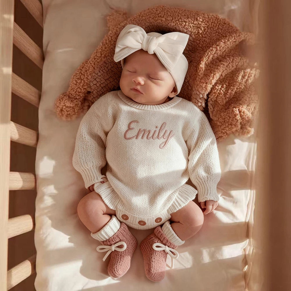 Macacão Newborn Personalizado Fofinho — Tricô com Babado, Nome Bordado e Tiara para Ensaio Fotográfico