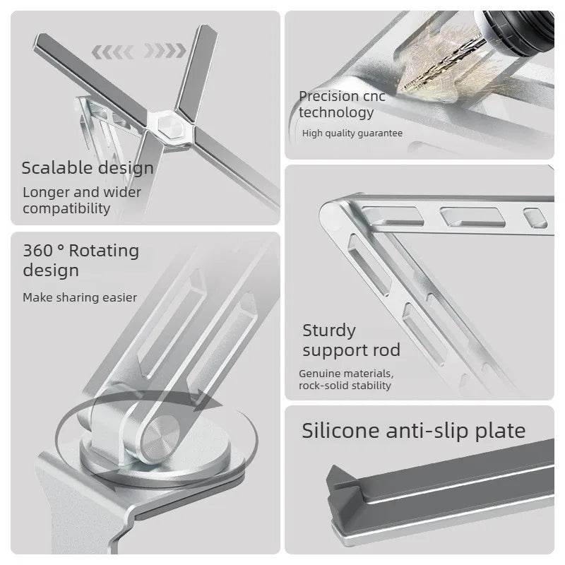 Suporte de Laptop e Tablet 2 em 1 Destacavel — Aluminio, Rotacao 360°, Dobravel para Mesa