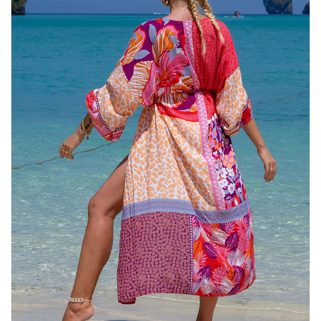 Quimono Boho Longo de Praia — Estampado, Feminino e Perfeito para o Verão