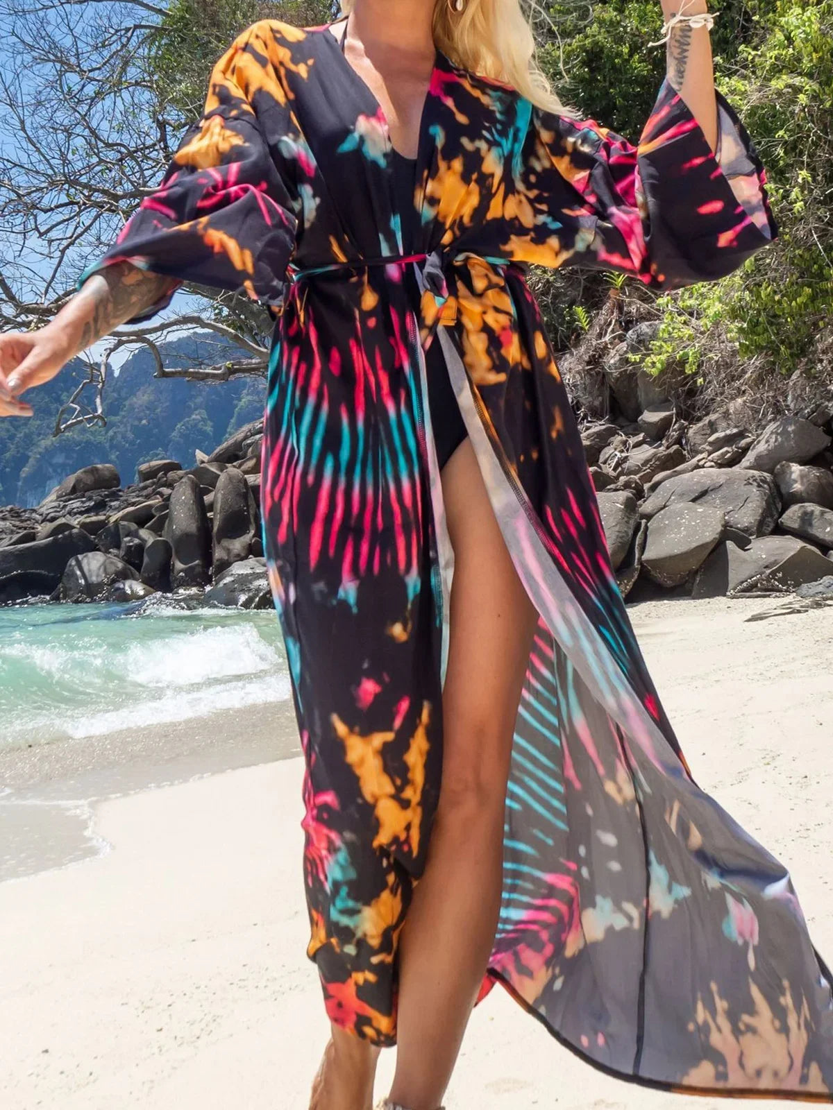 Quimono Boho Longo de Praia — Estampado, Feminino e Perfeito para o Verão