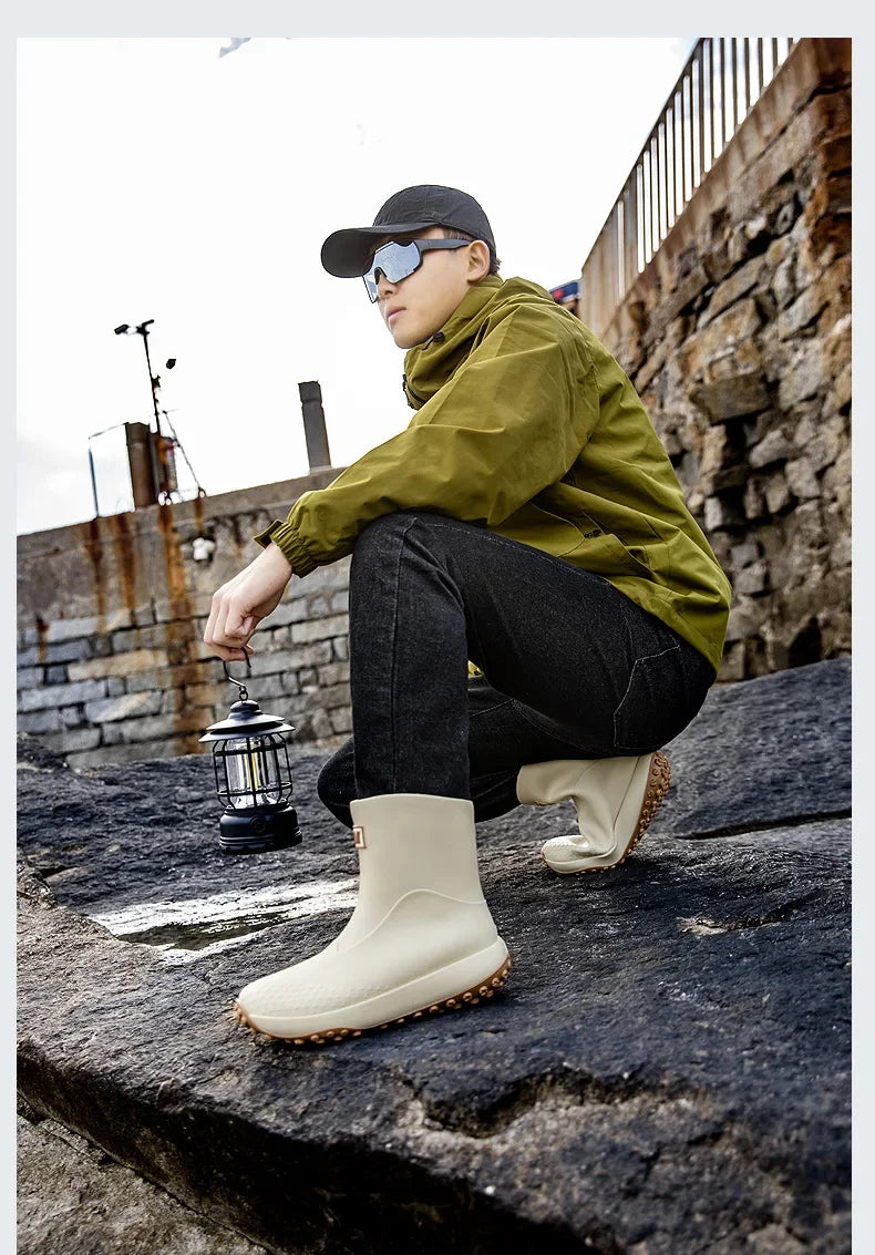 Botas de chuva masculinas estilo cano médio, nova moda, sapatos impermeáveis antiderrapantes para atividades ao ar livre, sapatos de borracha leves e impermeáveis.