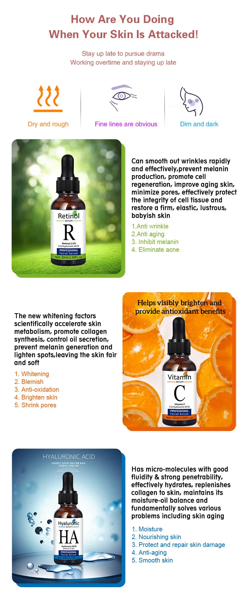 Kit de Séruns Faciais Premium — Vitamina C, Ácido Hialurônico e Retinol para Firmeza e Luminosidade