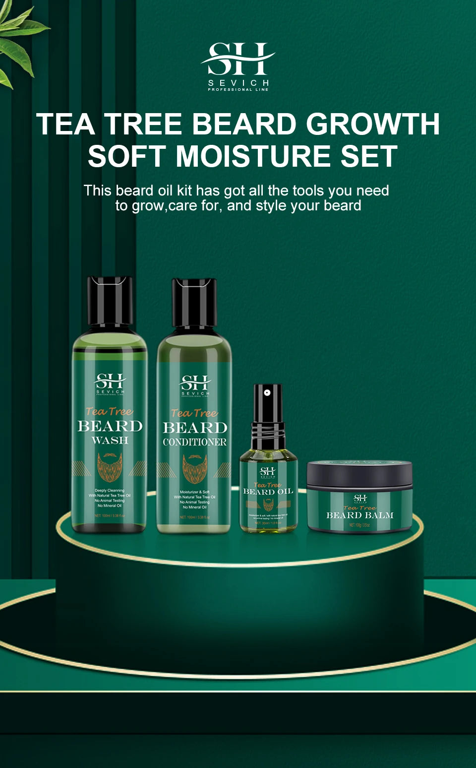 Kit de Crescimento de Barba com Árvore de Chá — Óleo Nutritivo, Hidratante e Anti-Queda Capilar