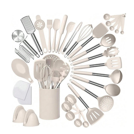 Kit Completo 43 Utensilios de Cozinha em Silicone — Cabo Inox, Antiaderente e Resistente ao Calor