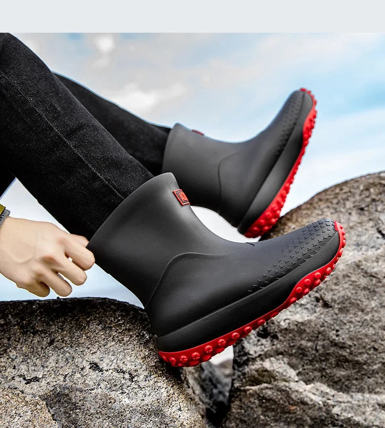 Botas de chuva masculinas estilo cano médio, nova moda, sapatos impermeáveis antiderrapantes para atividades ao ar livre, sapatos de borracha leves e impermeáveis.