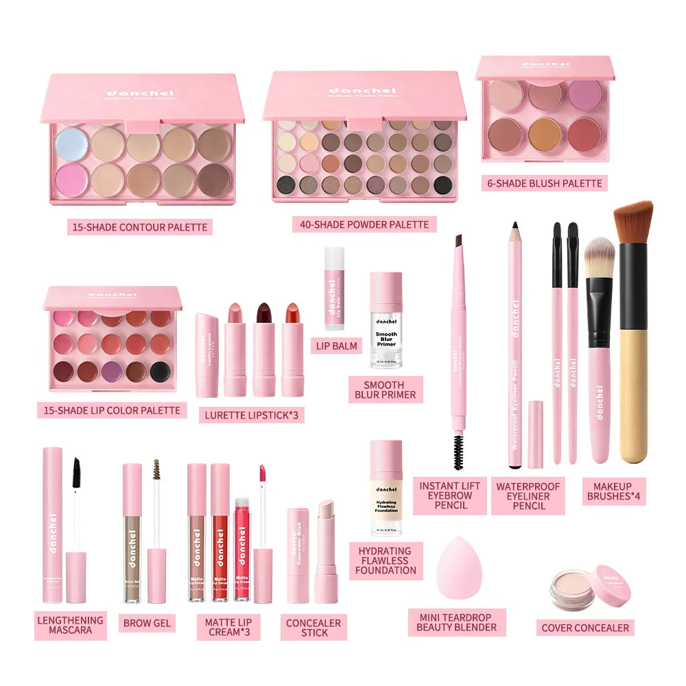 Kit de Maquiagem Completo para Rosto — Base, Corretivo, Blush, Sombra, Sobrancelha e Esponjas