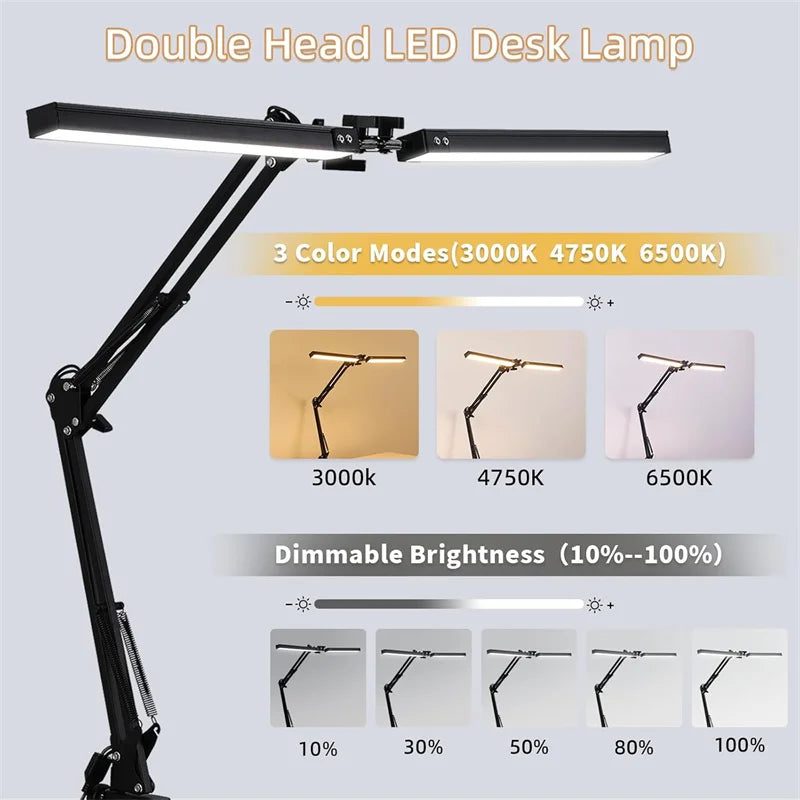 Luminária de Mesa LED com Braçadeira — Dimmer, Proteção Ocular, USB, Cabeca Simples ou Dupla