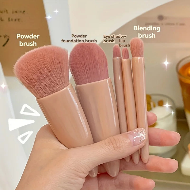 Kit de Pincéis de Maquiagem de Viagem com Espelho — 5 Peças Dobráveis e Portáteis