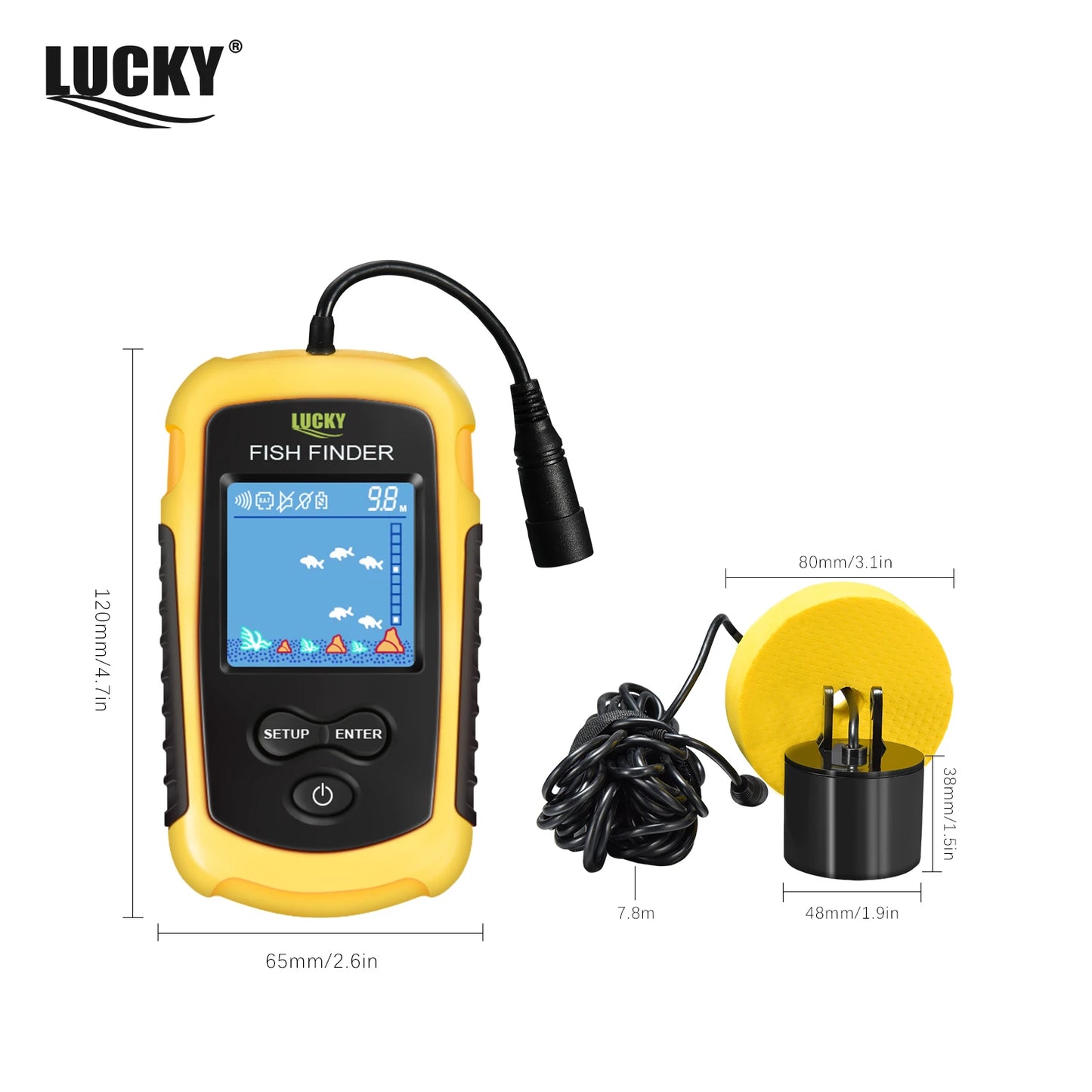 FFC1108-1 Alarme Sonar Portátil 100M para Pesca, Localizador de Peixes com Cobertura de 45 Graus, Sonda de Eco com Alarme e Transdutor para Pesca em Lagos e Mares