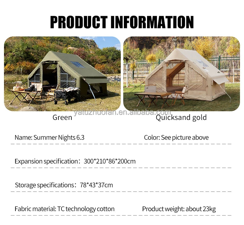 6.4 ㎡   Tenda Inflável Impermeável de Algodão para Glamping, Viagens em Família e Eventos, Hermética com Duas Portas para Acampamento ao Ar Livre