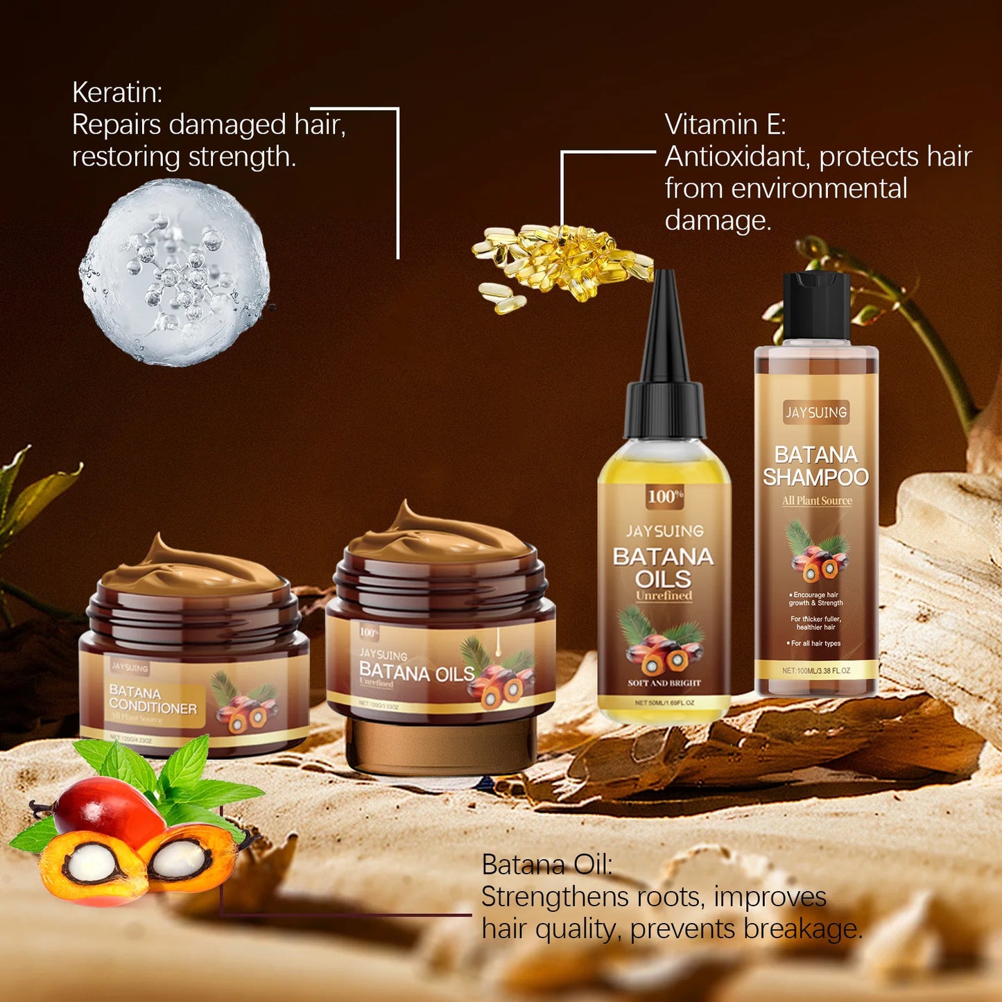 Kit Capilar Batana Oil — Shampoo, Condicionador e Sérum Reparador para Cabelos Crespos e Danificados