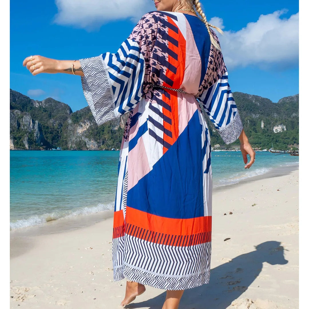 Quimono Boho Longo de Praia — Estampado, Feminino e Perfeito para o Verão