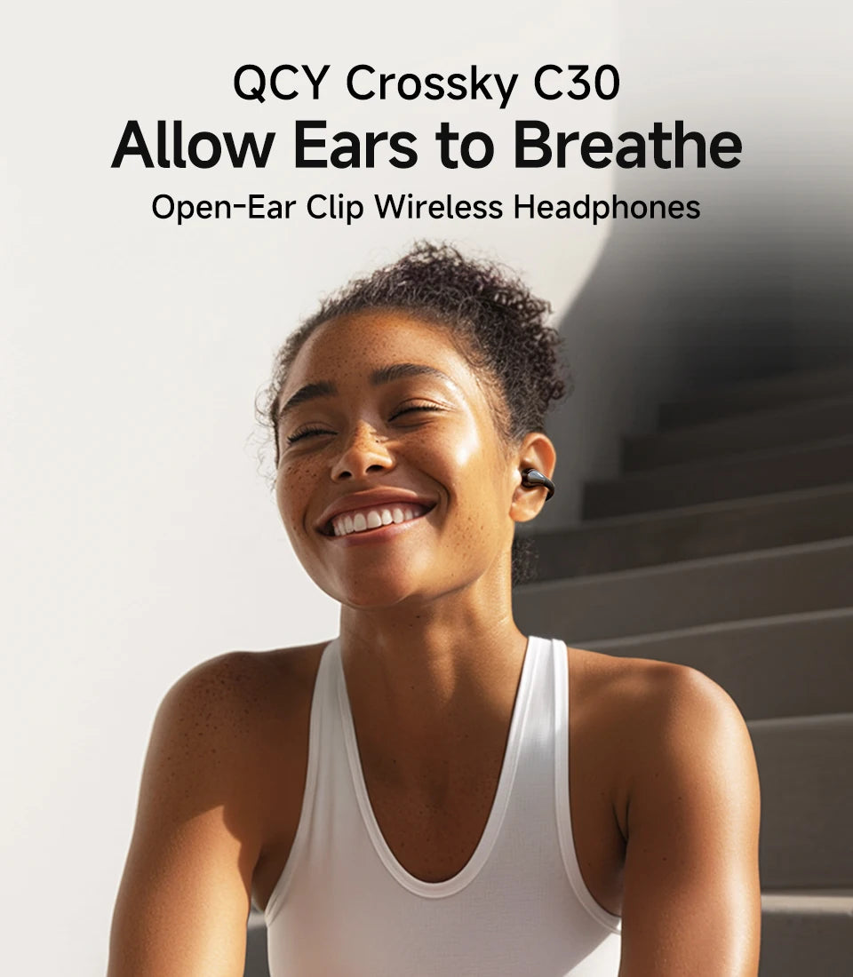 Fones de Ouvido Sem Fio QCY Crossky C30 — Bluetooth 5.4, Clip para Ouvido, 25h de Bateria, IPX4