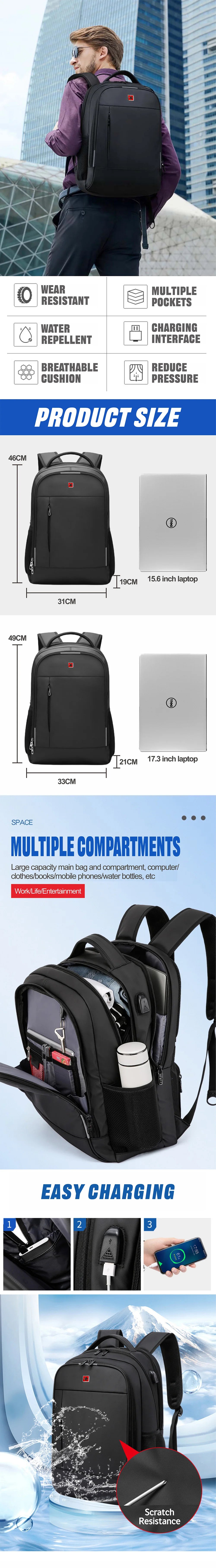 Mochila Masculina Antifurto Impermeável com USB — Grande Capacidade para Notebook 15,6" e 17,3"