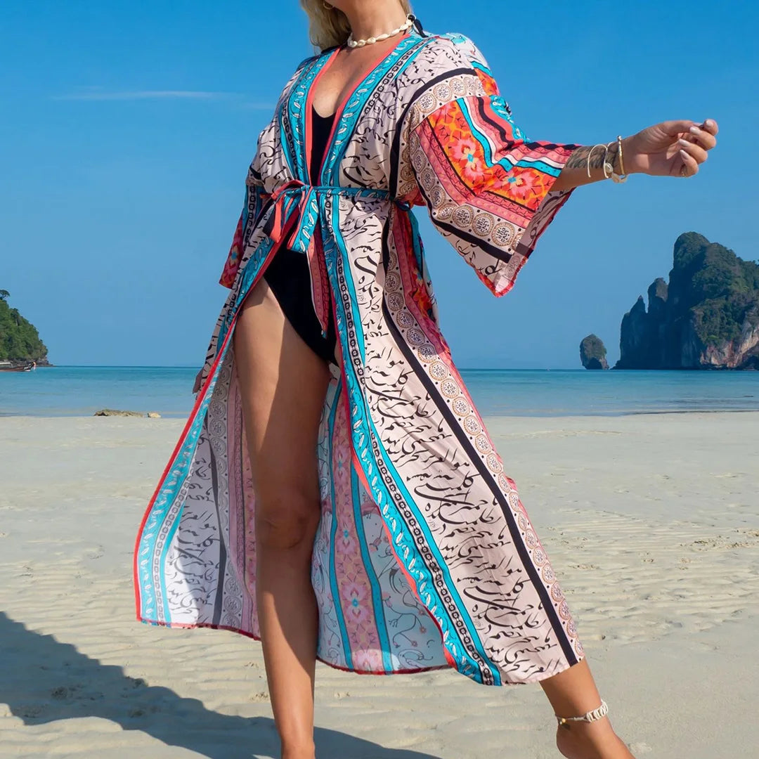 Quimono Boho Longo de Praia — Estampado, Feminino e Perfeito para o Verão