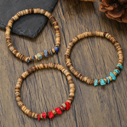 Bohemia casca de coco madeira grânulo pulseira retro irregular pedra natural jóias masculinas acessórios de moda presentes femininos