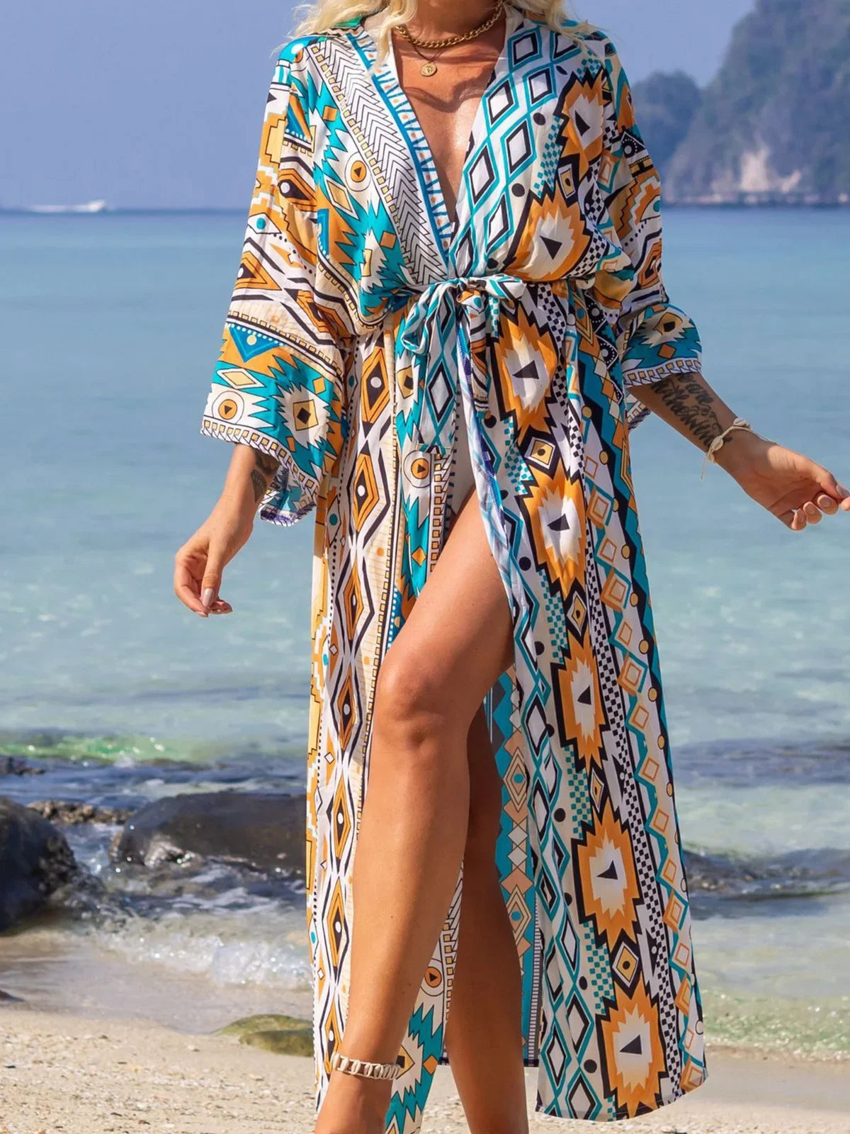 Quimono Boho Longo de Praia — Estampado, Feminino e Perfeito para o Verão