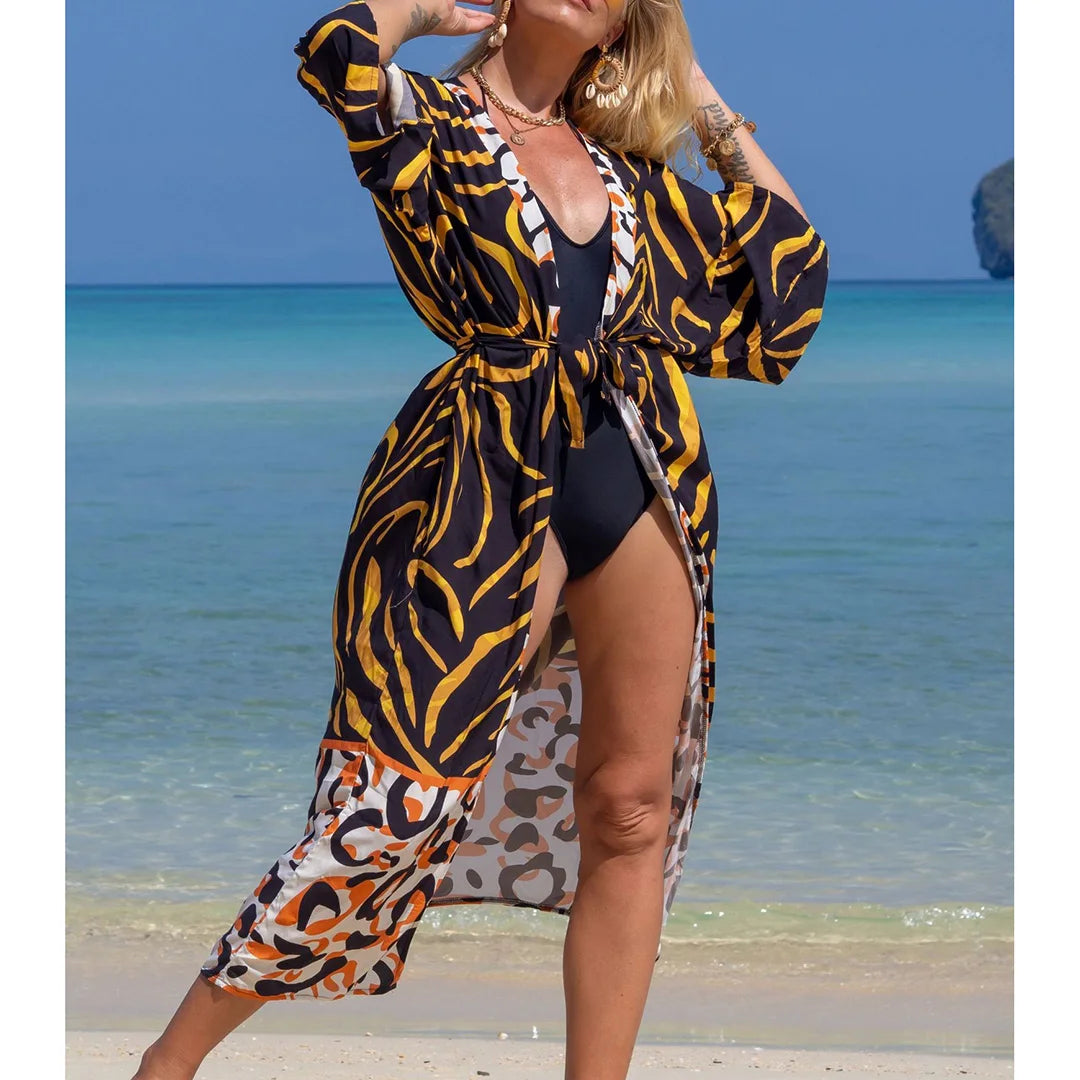 Quimono Boho Longo de Praia — Estampado, Feminino e Perfeito para o Verão
