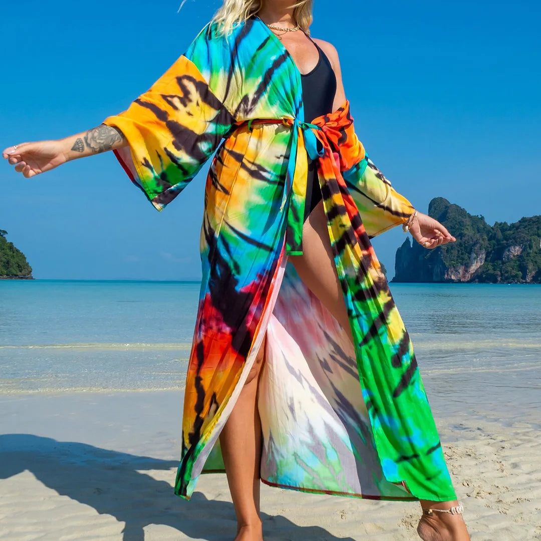 Quimono Boho Longo de Praia — Estampado, Feminino e Perfeito para o Verão