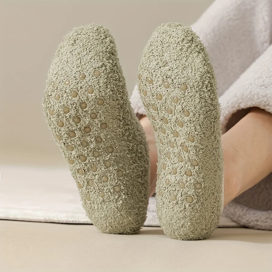 Meias térmicas de inverno masculinas – meias internas antiderrapantes de lã coral grossa com punho canelado, meias quentes para pisos frios