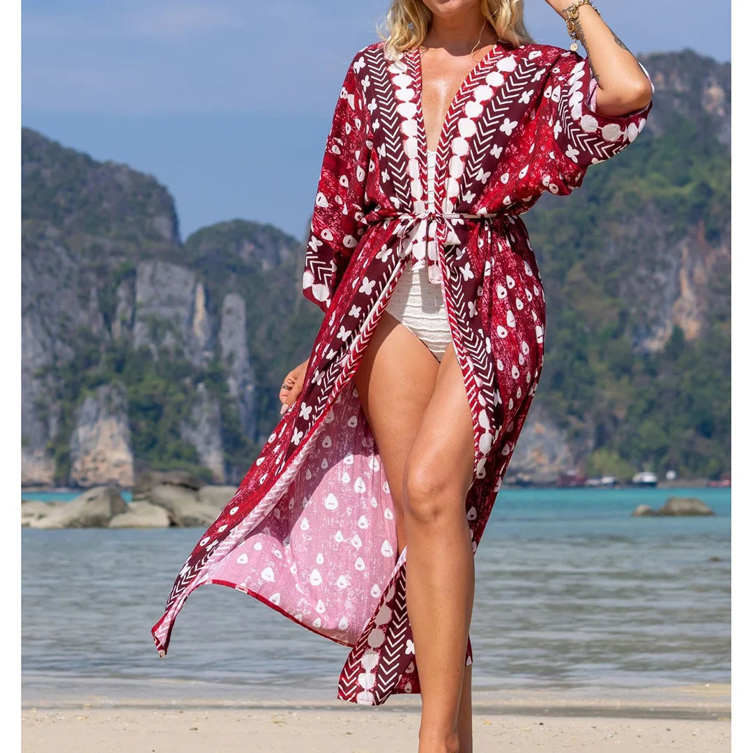 Quimono Boho Longo de Praia — Estampado, Feminino e Perfeito para o Verão