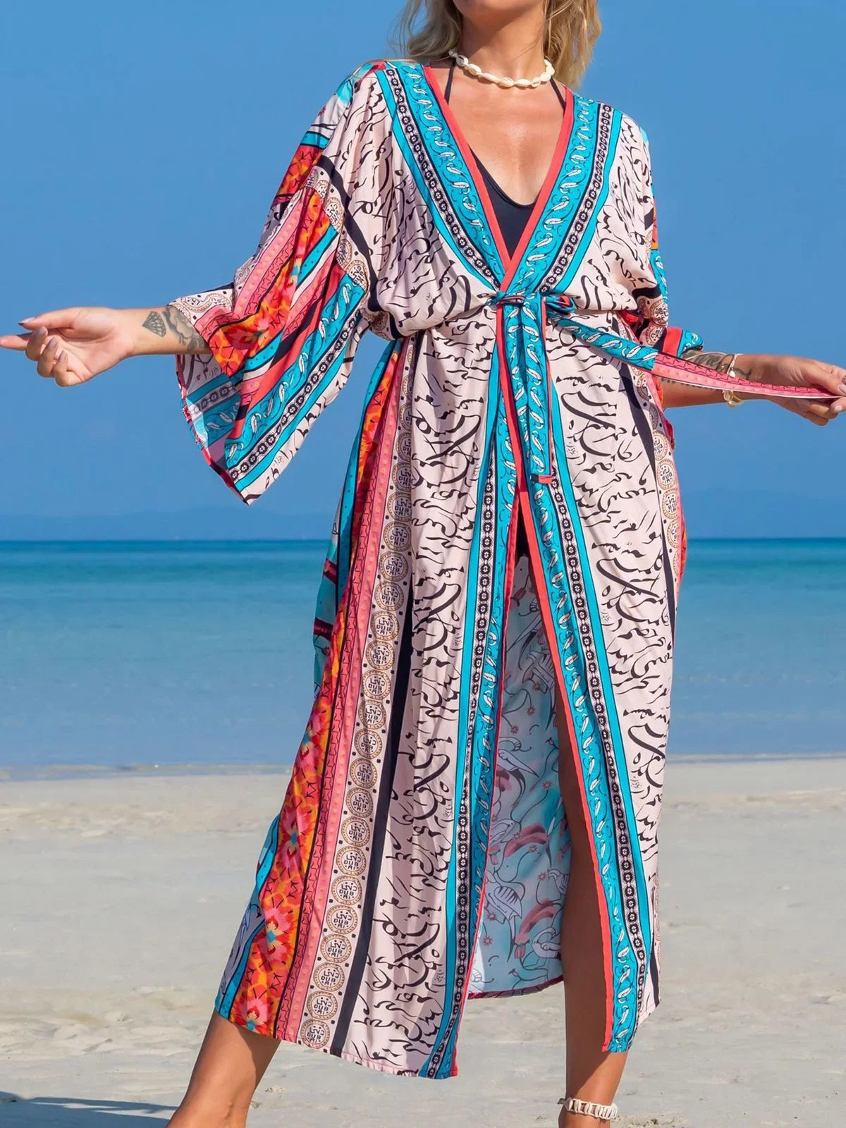 Quimono Boho Longo de Praia — Estampado, Feminino e Perfeito para o Verão