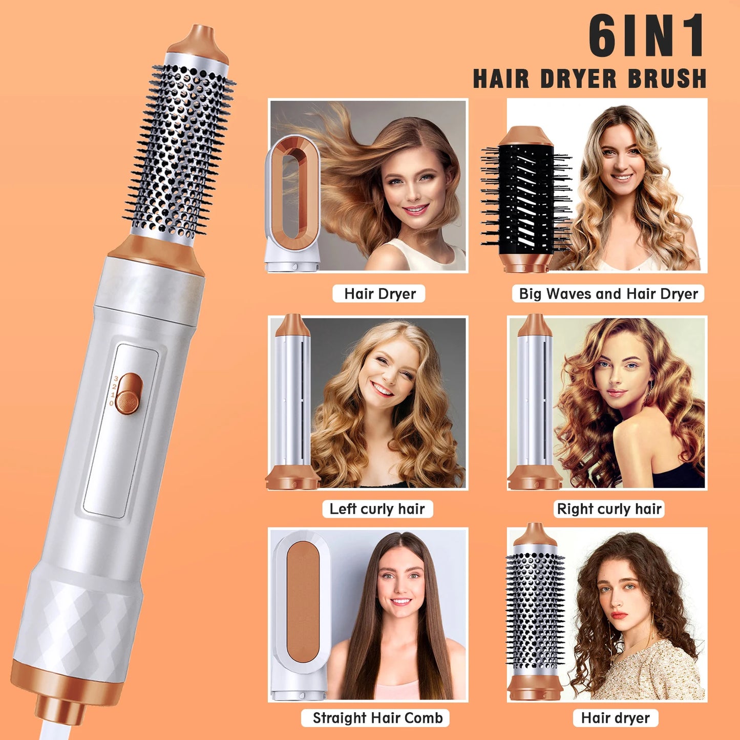Escova Modeladora Elétrica 6 em 1 — Secador, Babyliss e Pente Aquecido para Estilização Profissional
