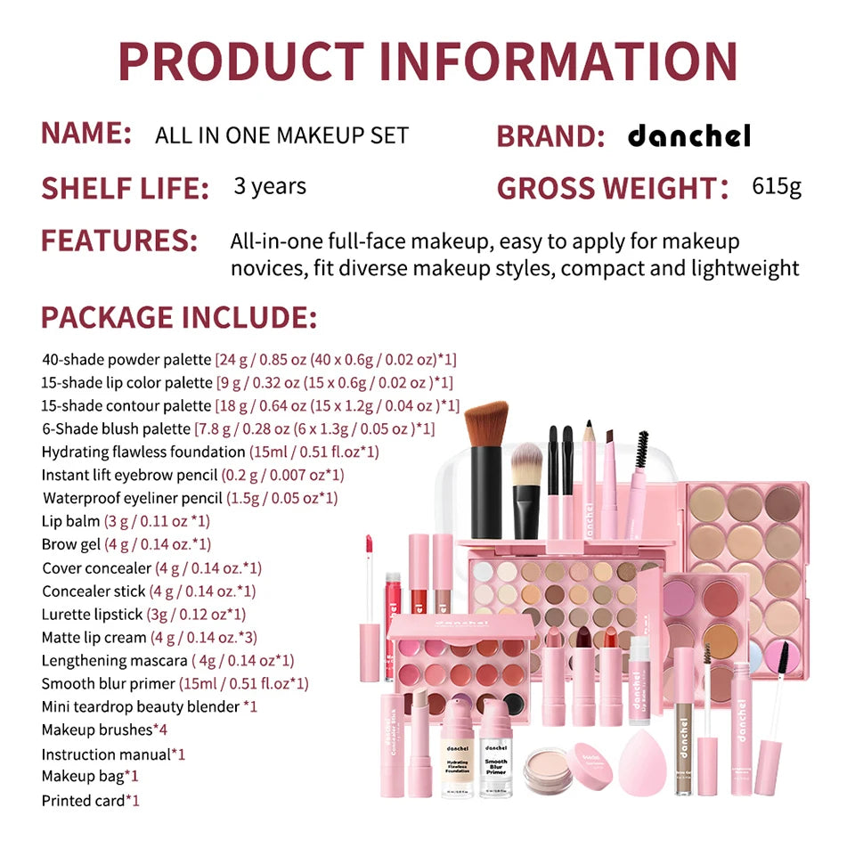Kit de Maquiagem Completo para Rosto — Base, Corretivo, Blush, Sombra, Sobrancelha e Esponjas
