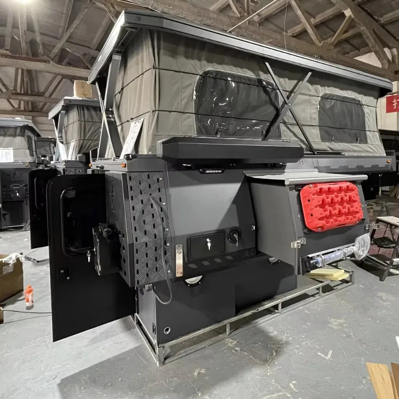 Cabine de Camping para Caminhão, Cabine de Camping Pop-up Totalmente Equipada com Chuveiro, Cozinha, Cama e Armazenamento, Adequada para Passeios e Viagens