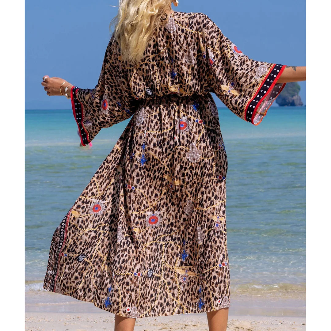 Quimono Boho Longo de Praia — Estampado, Feminino e Perfeito para o Verão
