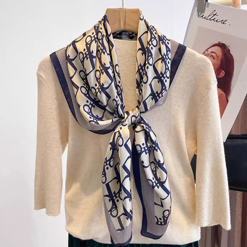 Lenço de imitação de seda feminino vintage elegante versátil impresso seda primavera faixa de cabelo hijab sunsceen lenço xale envoltórios