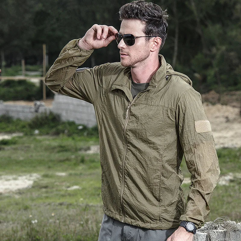 Jaqueta tática leve de verão, corta-vento masculino, capa de chuva com capuz de pele fina, secagem rápida, respirável, jaqueta impermeável
