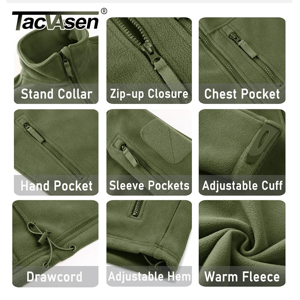 Tacvasen jaqueta de lã masculina, casaco macio e quente à prova de vento com zíper completo, vários bolsos com zíper, caminhadas, trabalho ao ar livre, corta-vento