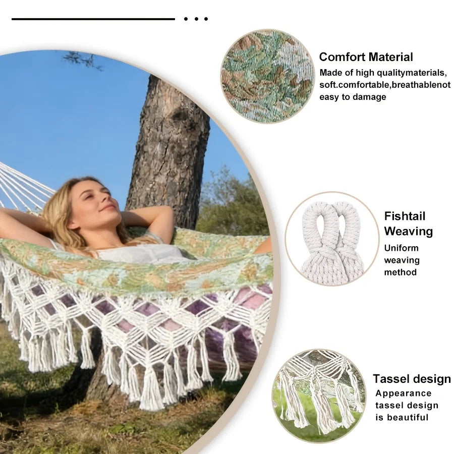 As novas redes de descanso estilo boêmio com franjas, para uma ou duas pessoas, são ideais para acampamentos ao ar livre no jardim. Eles vêm acompanhados de