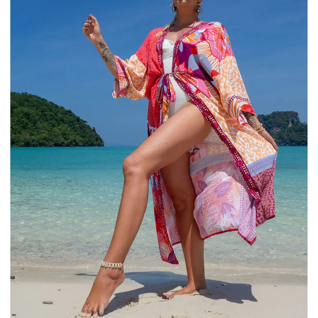 Quimono Boho Longo de Praia — Estampado, Feminino e Perfeito para o Verão