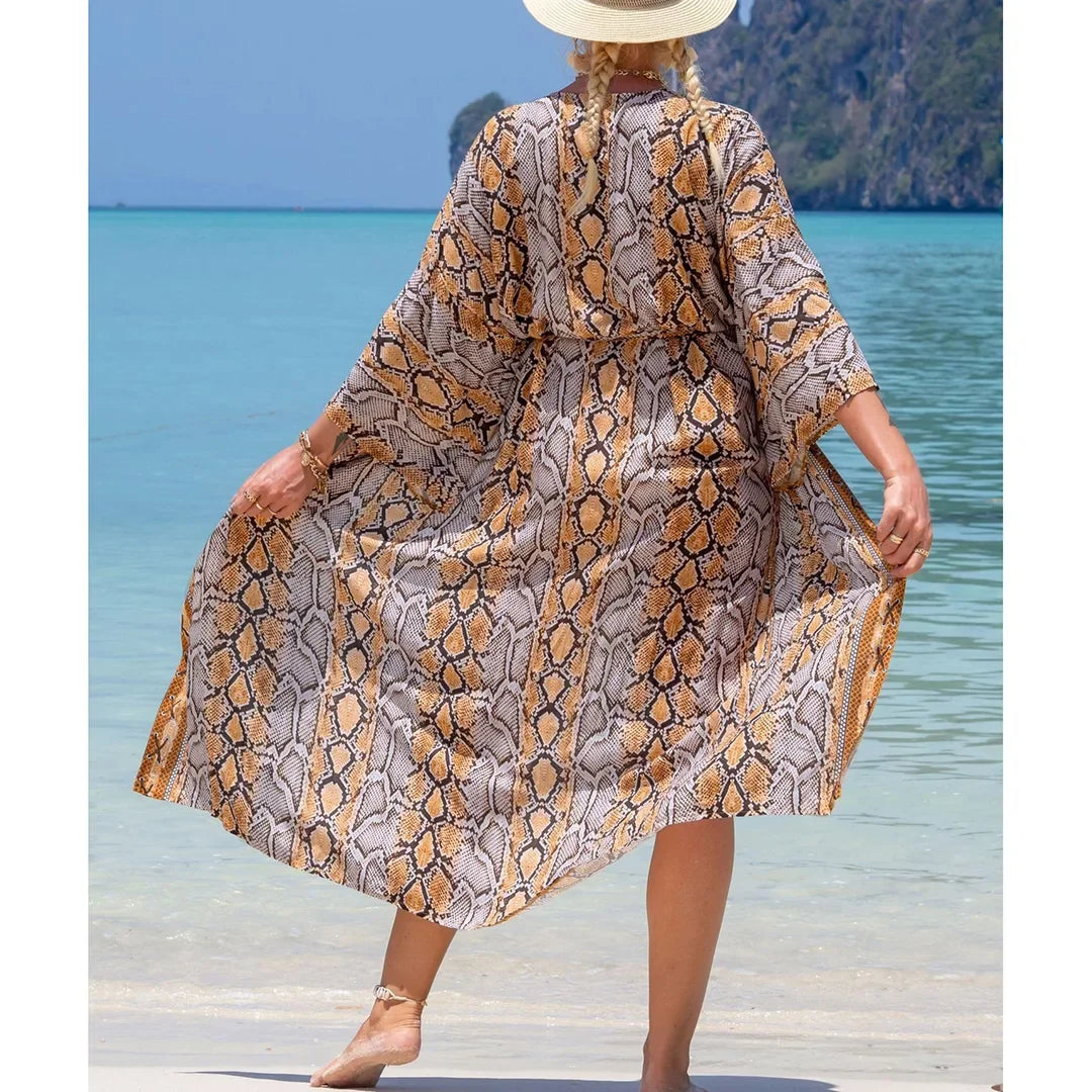 Quimono Boho Longo de Praia — Estampado, Feminino e Perfeito para o Verão