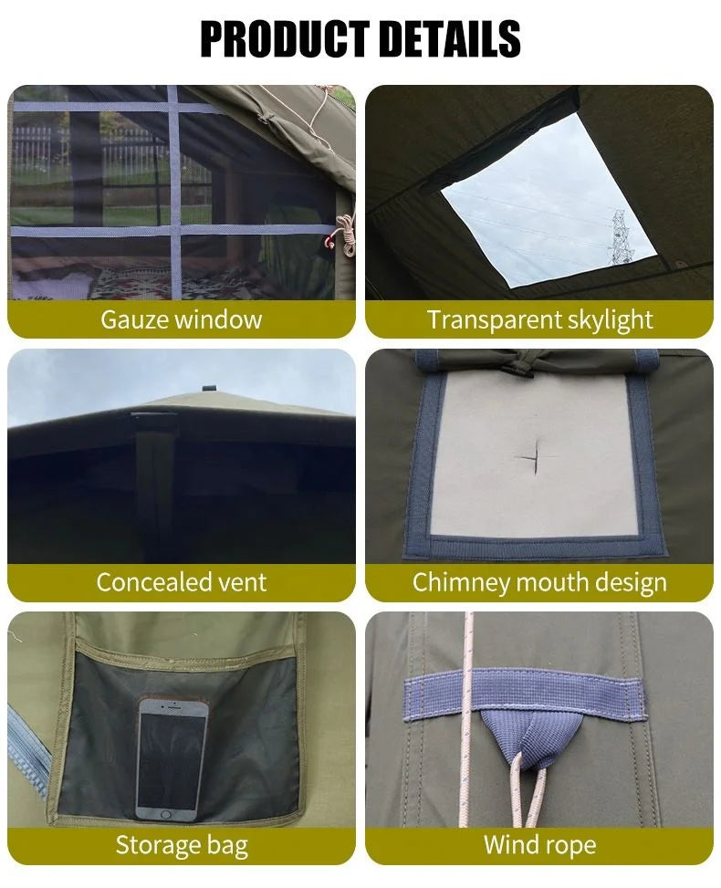 Tenda de Luxo para 3-4 Estações, Grande Tenda Familiar para Glamping, Impermeável, Tecido de Algodão TC para Camping ao Ar Livre 3.1x2x2m 6.3 Metros Quadrados