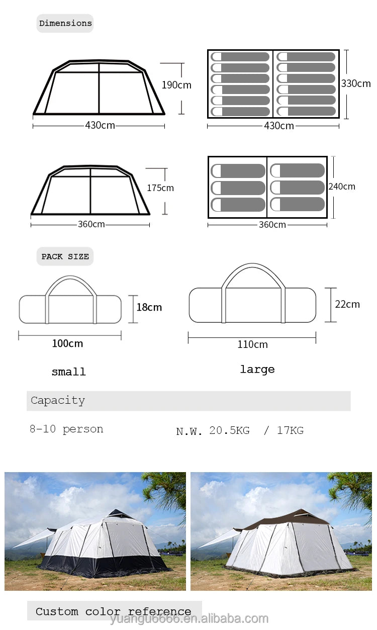 Tendas de Camping para 8-10 Pessoas, Grande Tamanho, Impermeáveis, Quatro Estações, Dupla Camada, Dois Quartos, Tendas Personalizadas para Glamping e Praia Familiar
