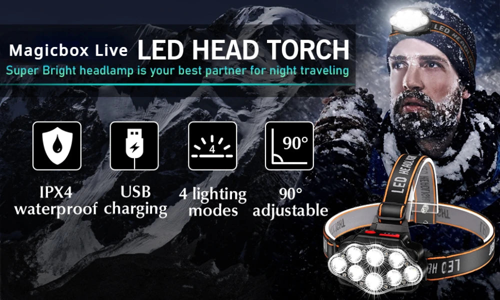 Farol LED USB Recarregável — 8 LEDs, IPX4 Impermeável, 4 Modos de Iluminação para Camping e Trilha