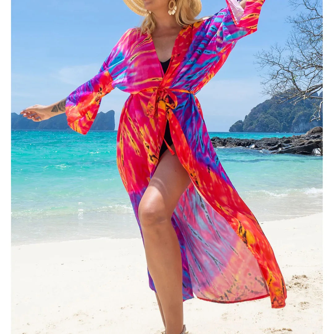 Quimono Boho Longo de Praia — Estampado, Feminino e Perfeito para o Verão