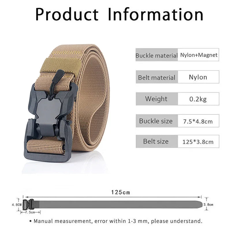 Cinto tático militar masculino, fivela magnética de liberação rápida, exército, caça ao ar livre, multifuncional, lona, cinto de cintura de nylon
