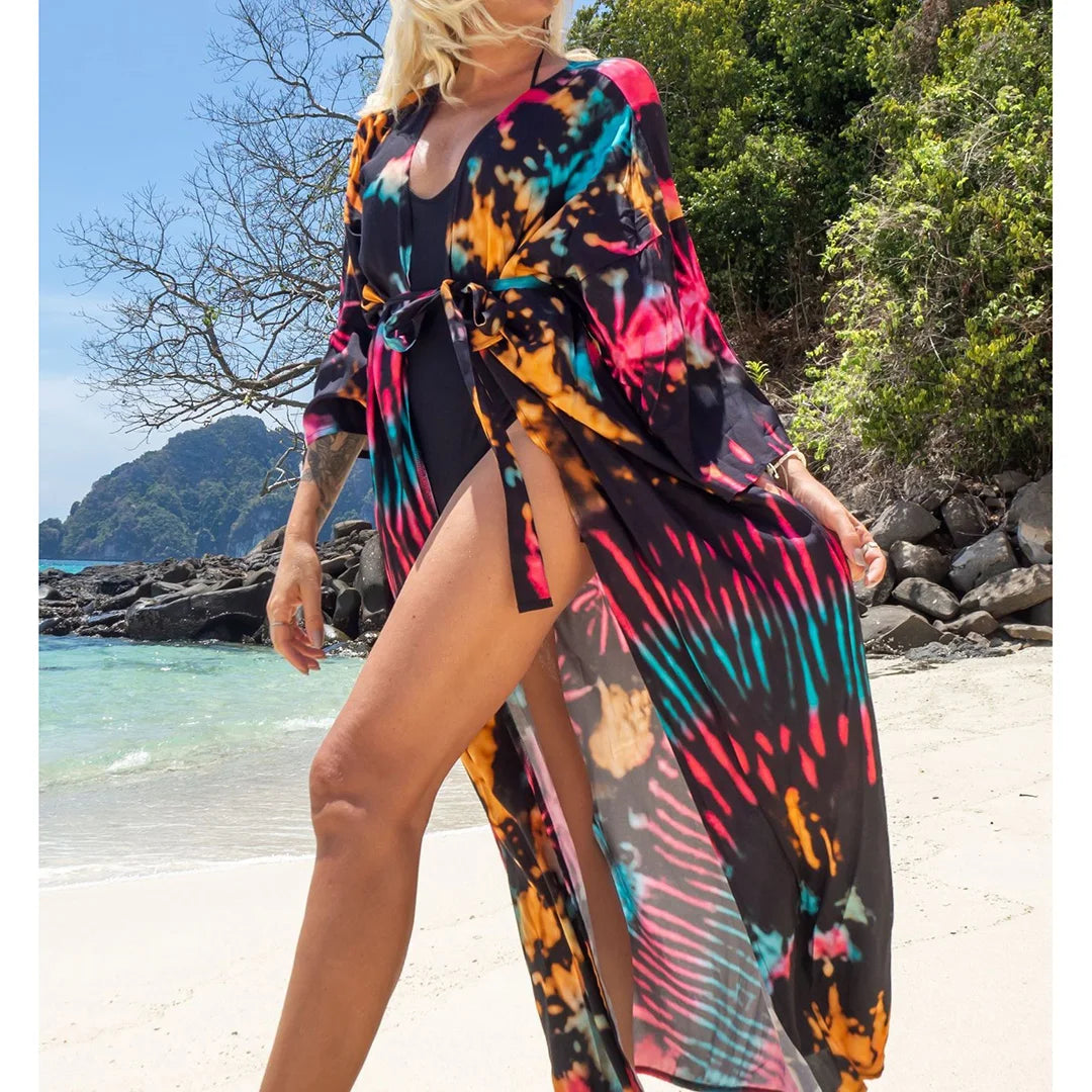 Quimono Boho Longo de Praia — Estampado, Feminino e Perfeito para o Verão
