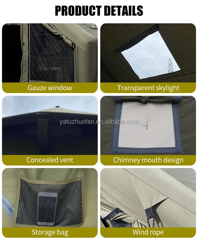 6.4 ㎡   Tenda Inflável Impermeável de Algodão para Glamping, Viagens em Família e Eventos, Hermética com Duas Portas para Acampamento ao Ar Livre