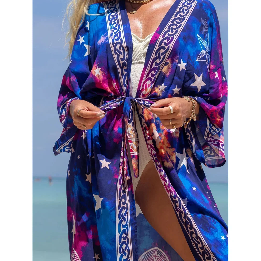 Quimono Boho Longo de Praia — Estampado, Feminino e Perfeito para o Verão